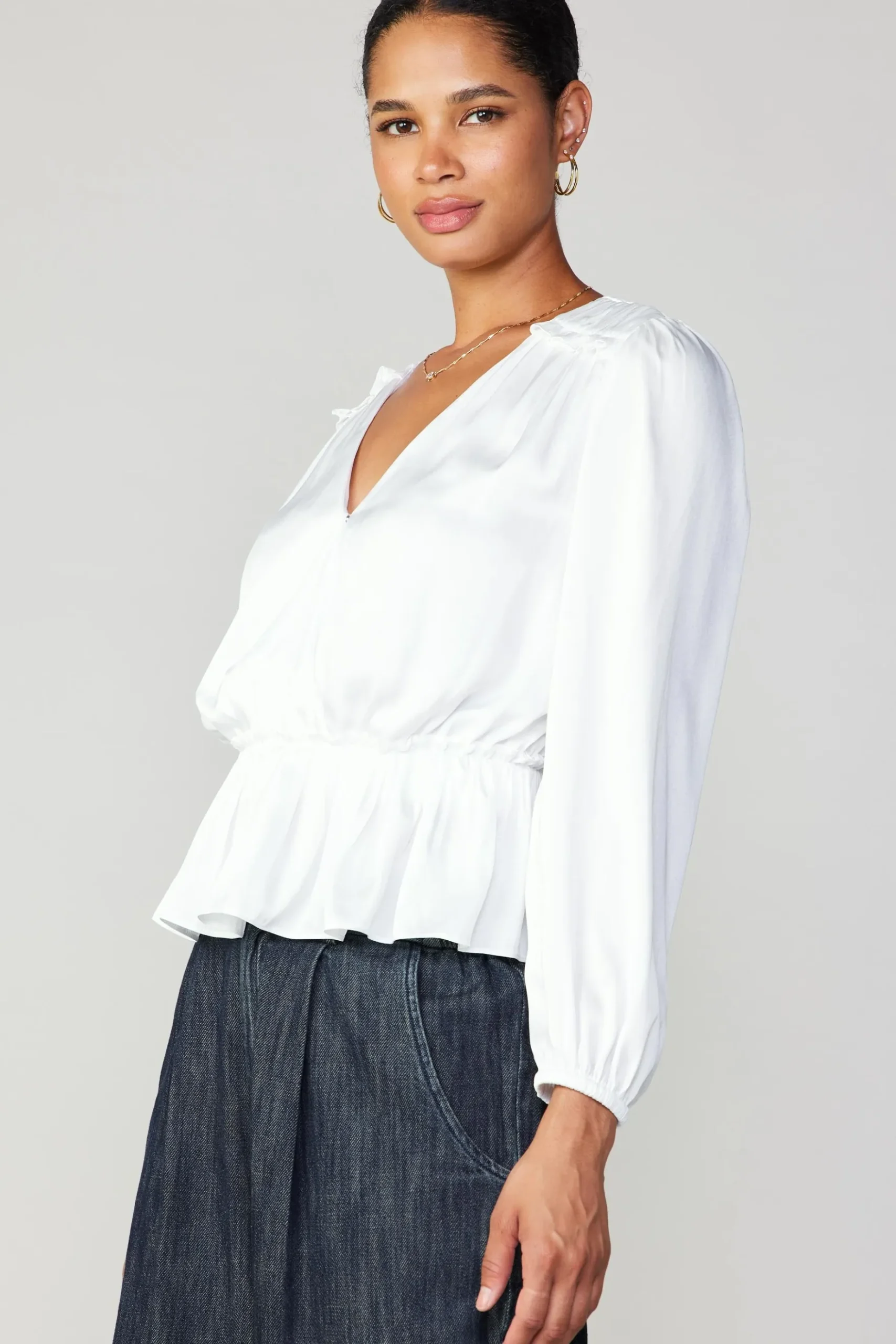 Current Air Surplice Peplum Blouse WHITE Sale