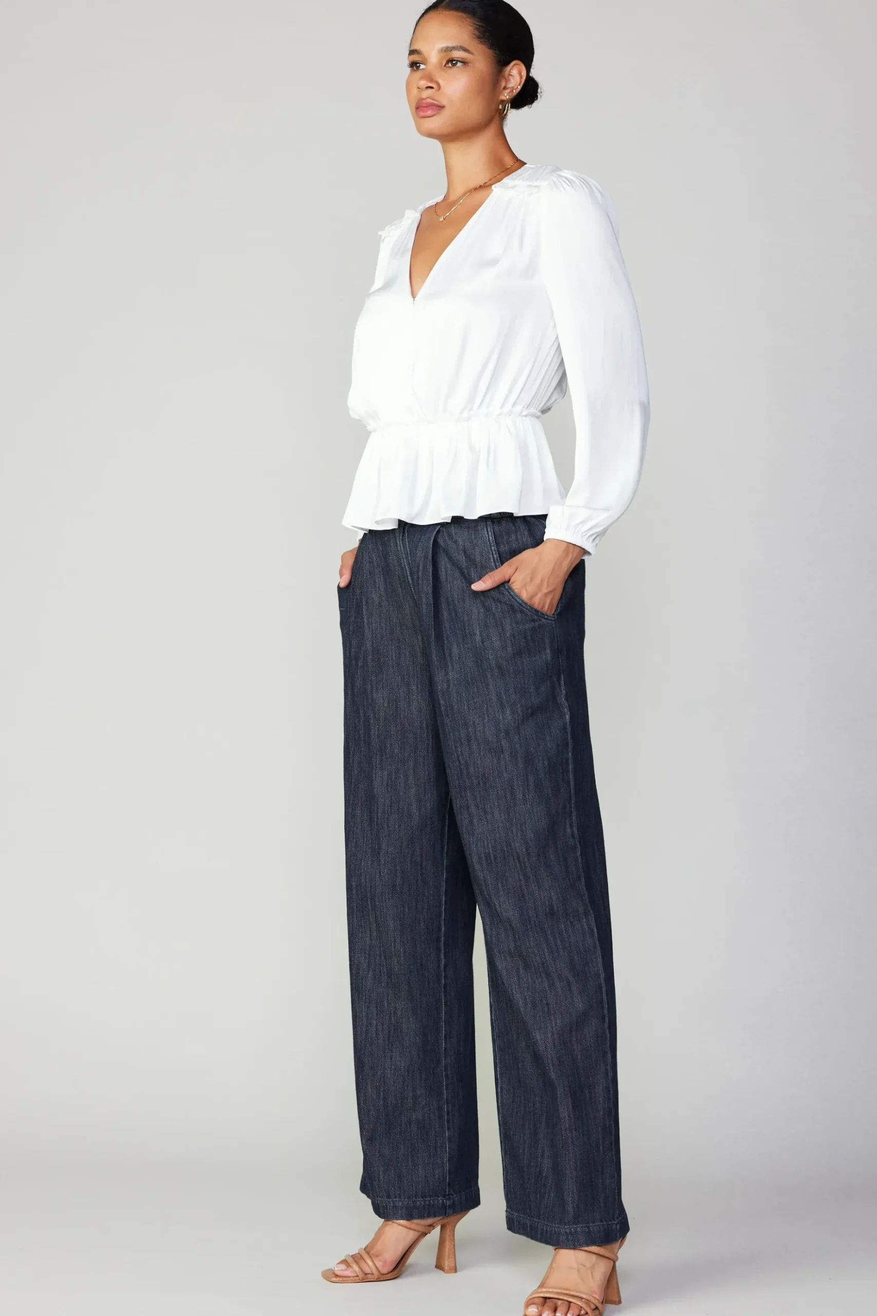 Current Air Surplice Peplum Blouse WHITE Sale