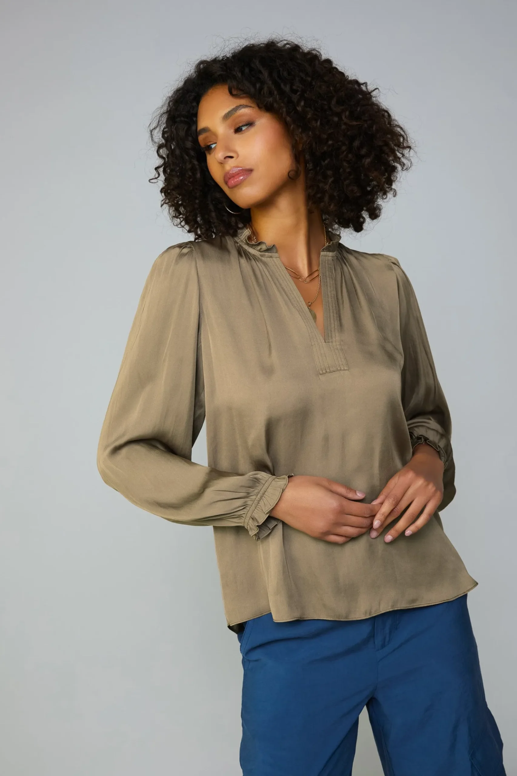 Current Air Top Stitch Placket Blouse ASHBROWN New