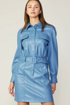 Current Air Vegan Leather Belted Shirt Dress TRANQUILBLUE New