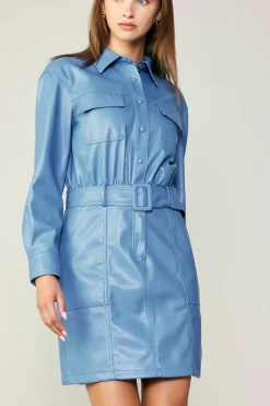 Current Air Vegan Leather Belted Shirt Dress TRANQUILBLUE New