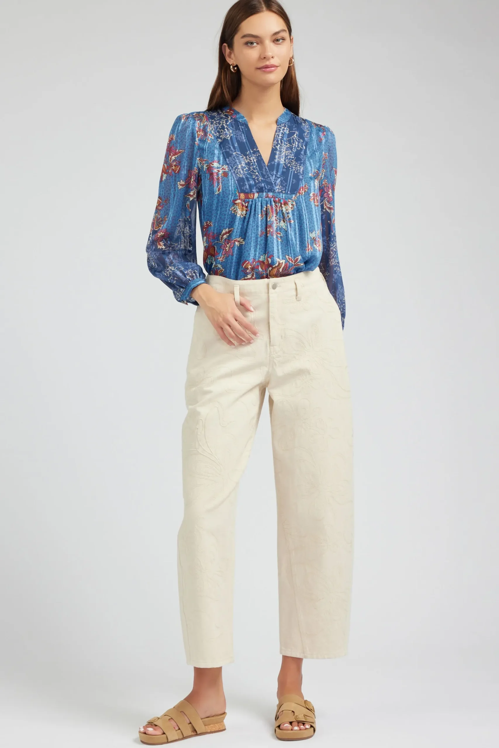 Current Air Wide Leg Embroidered Pant NATURAL New
