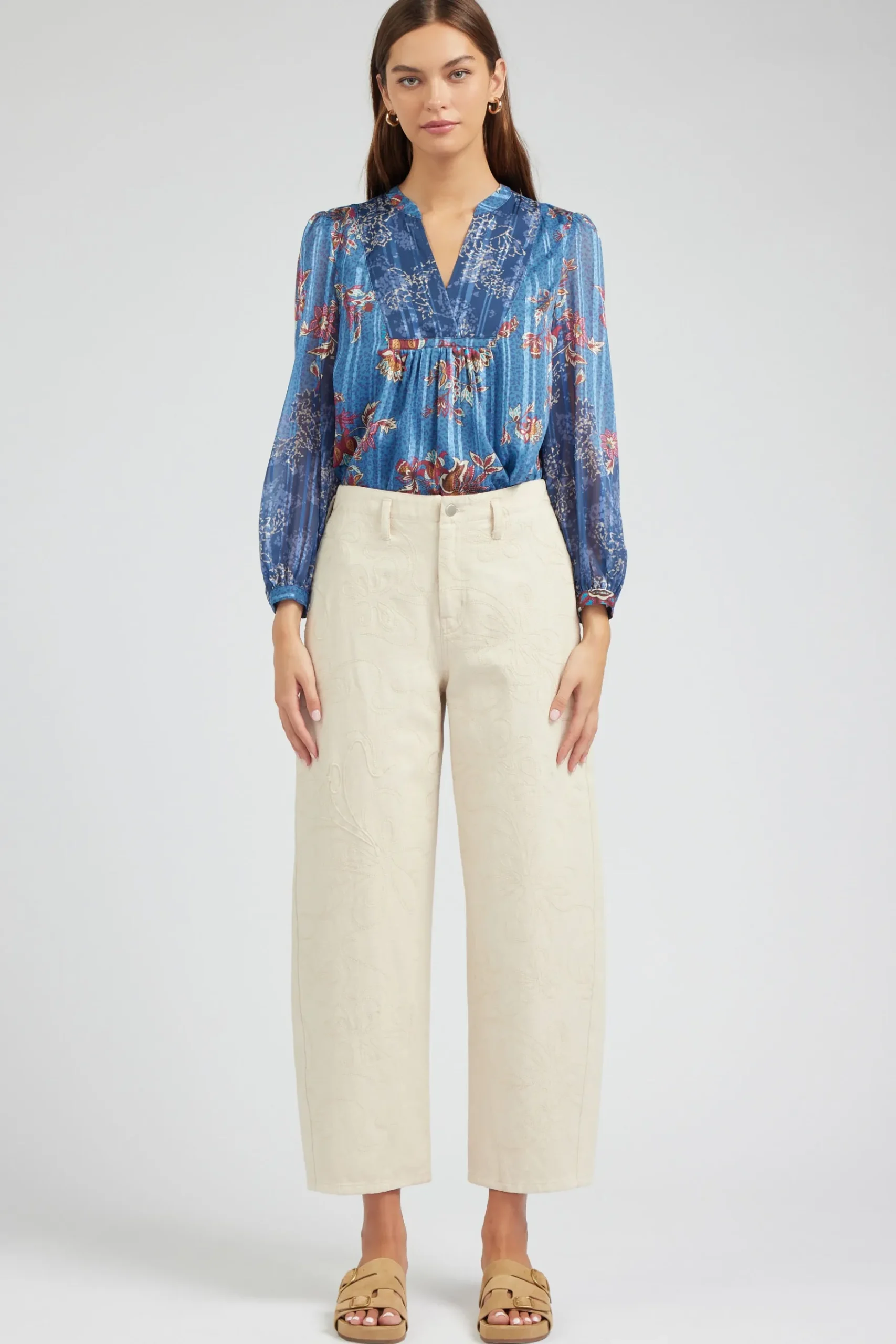 Current Air Wide Leg Embroidered Pant NATURAL New