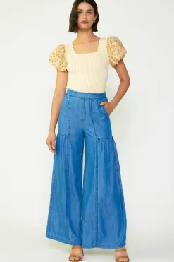 Current Air Wide Leg Tiered Pants CHAMBRAY Hot