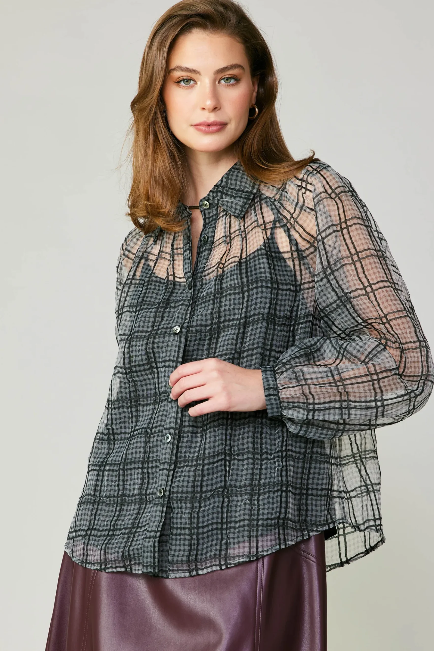 Current Air Windowpane Plaid Sheer Blouse BLACK Online