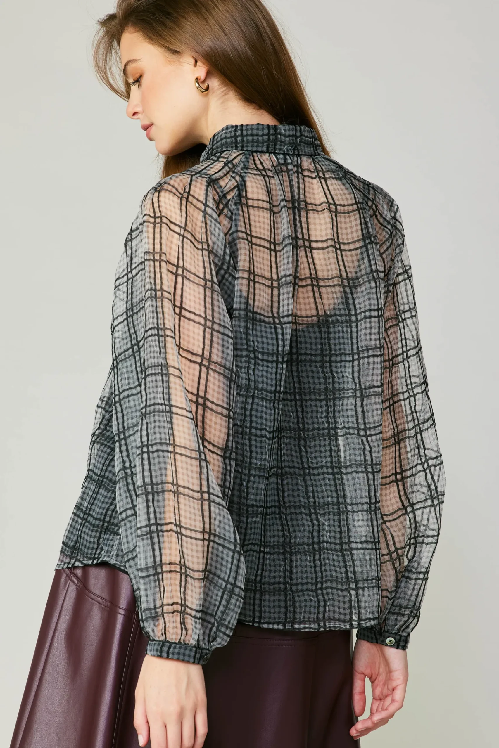 Current Air Windowpane Plaid Sheer Blouse BLACK Online