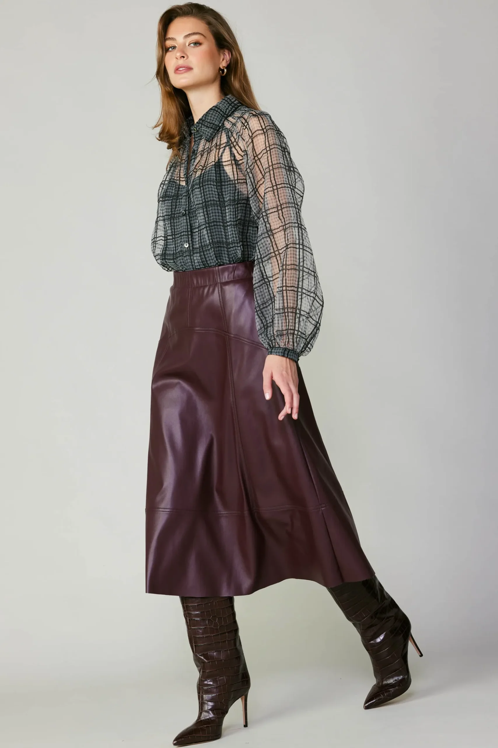 Current Air Windowpane Plaid Sheer Blouse BLACK Online