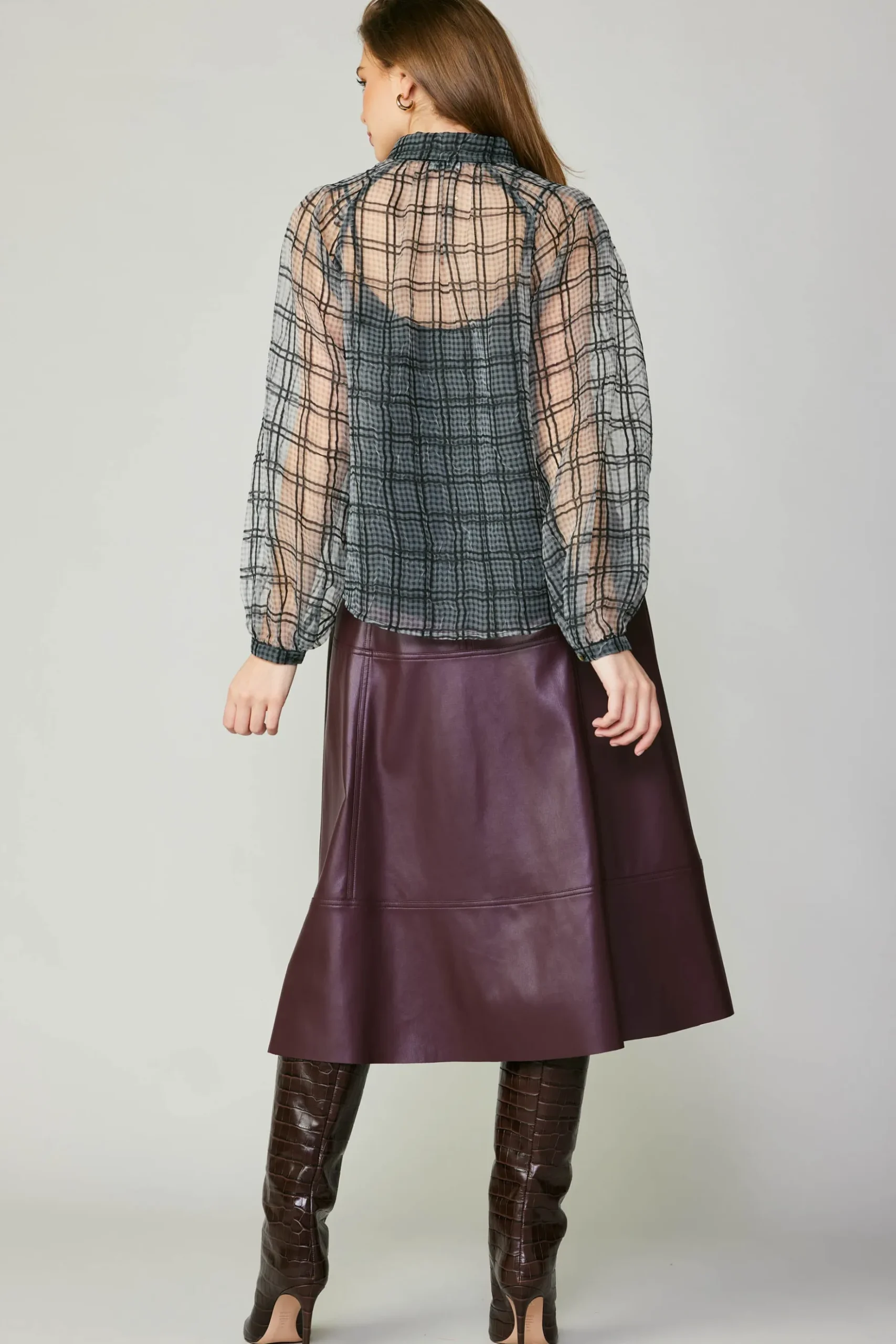 Current Air Windowpane Plaid Sheer Blouse BLACK Online