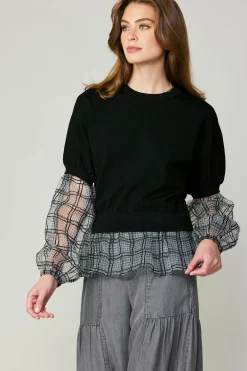 Current Air Windowpane Plaid Sweater Top BLACK Best