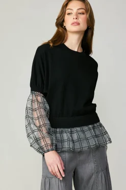 Current Air Windowpane Plaid Sweater Top BLACK Best